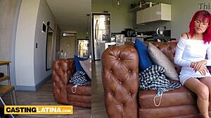 Petite red latina Melissa Mocosa deepthroats on casting couch