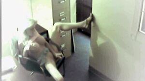 Busty blonde office babe rams dildo deep in her spying solo pussy at work