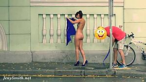 jeny strips naked in heels on street caught by hidden cam spying