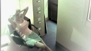 Busty blonde office babe rams dildo deep in her spying solo pussy at work