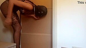 she slips into nylon catsuit and heels to DEEPTHROAT a throbbing cock through gloryhole then rides it til CUM floods her mouth