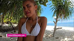 bold public beach HEAD BOBBING on stranger's shaft ends in swallow