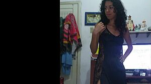 Juicy latina housewife teases shaved pussy through black shirt before flashing natural tits