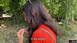 whoa! crazy brunette sucks huge cock in bushes for public facial cumwalk