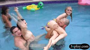 Teen Besties Blonde Brunette Suck Wet Blowjobs Then Get Drilled Hard by Pool in 4some