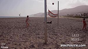 Lilly Mays' redhead body gets licked spanked and fucked on beach