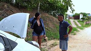 mechanic fixes sexy colombian milf's car for rough pussy fuck deepthroat and ass licking