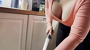 blonde cleaning lady in leggings rides cock then takes that creampie deep in her tight pussy