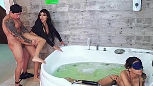 Husband pounds stepdaughter hard while wife relaxes nearby