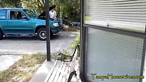 this horny housewife milf fingers shaved pussy then begs for outdoor public doggystyle pounding from escorts