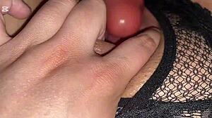 latina teen rubs big clit with dildo in room closeup