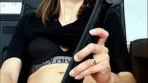Horny secretary wife drills pussy to office orgasm