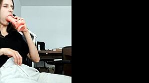 Horny secretary wife drills pussy to office orgasm