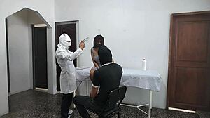 perverted doctor bends big tits patient over. husband waits outside as he fucks her hard