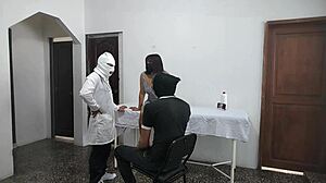 perverted doctor bends big tits patient over. husband waits outside as he fucks her hard