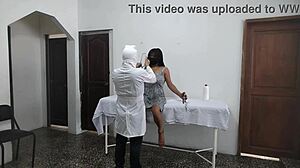 perverted doctor bends big tits patient over. husband waits outside as he fucks her hard