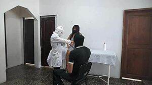 perverted doctor bends big tits patient over. husband waits outside as he fucks her hard