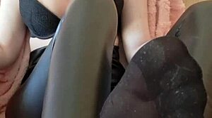 Goddess in shiny latex dominates small cock cuckold with foot worship humiliation and pussy denial