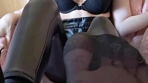 Goddess in shiny latex dominates small cock cuckold with foot worship humiliation and pussy denial