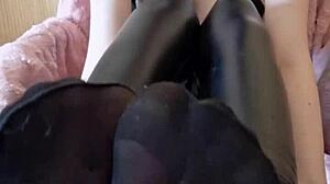 Goddess in shiny latex dominates small cock cuckold with foot worship humiliation and pussy denial