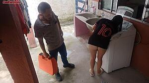 married housewife pays repairman with fat ass fuck while hubby gone