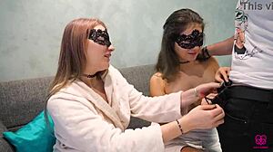 Two sexy milfs share my cock in hot poly blowjob cumswap