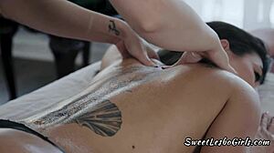 Blonde Masseuse Licks Brunette Client's Hairy Pussy with Big Boobs Bouncing