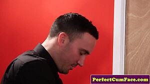 british brunette groupie slurps sloppy shower blowjob facial cumshot