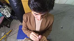 Clothed office handjob ends in hot sticky facial cumshot