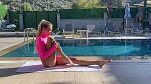 blonde beauty's face blasted by huge monster cock cumshot explosion.