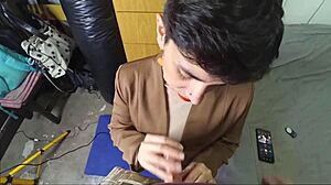 Clothed office handjob ends in hot sticky facial cumshot