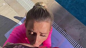 blonde beauty's face blasted by huge monster cock cumshot explosion.