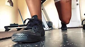 spy on that giantess towering during intense fetish workout.