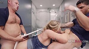 Step mom prank turns into lucky mmf threesome fuck. Big tits cougar milf shares pussy with young studs.