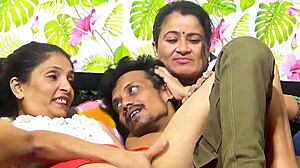 Bent over Indian stepsis milf shares hubby cock for creampie threesome pounding.