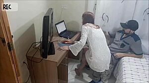 Redhead Teen Lures Voyeur Repairman for Dirty Uniform Ass Cum