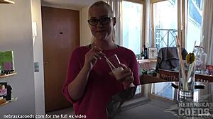 Pretty blonde model fingers sloppy pussy then rides dildo in dirty casting 😈🍆