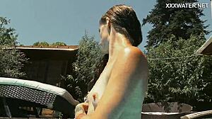 Skinny Hungarian Lana Swims Nude Poolside Teasing Ass