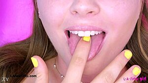 Cute 18+ teen blonde teases daddy with petite body on sofa