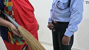 Maid sneaks steamy handjob on unsuspecting security