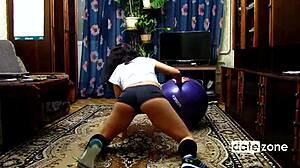 damn naked amateur brunette hottie bounces tits groping pussy on workout exercise ball