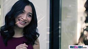Tied petite Asian Avery Black endures lesbian spanking face sitting and nipple sucking