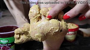 blonde bodybuilder milf smears peanut butter jelly foot fetish massage
