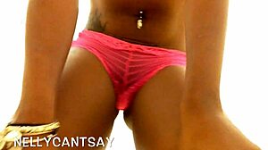 slim ebony babe teases with her fat pussy in thong panties