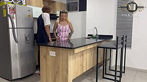 I hammered my petite girlfriend's wet pussy in kitchen