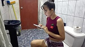 Hey dude spies me in bathroom pulls out cock and i can't resist ending up fucking tight pussy