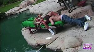 Sexy inexperienced blonde's poolside tease with tattooed guy outdoors