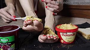 blonde bodybuilder milf smears peanut butter jelly foot fetish massage