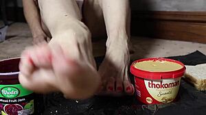 blonde bodybuilder milf smears peanut butter jelly foot fetish massage