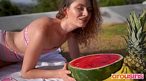 if her pussy tastes like watermelon, does cock taste like banana? candice demmellza teases wet